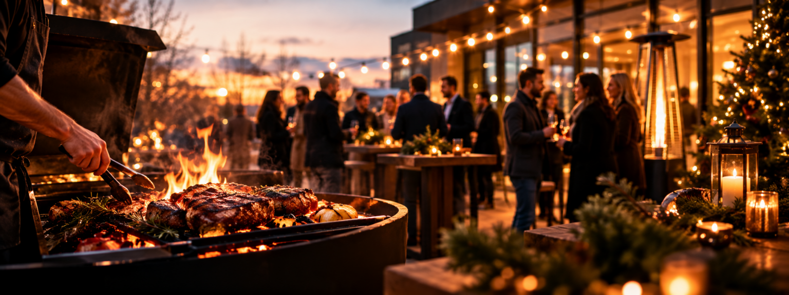 Weihnachtsfeier im Freien mit Grill, offenem Feuer und Lichterketten